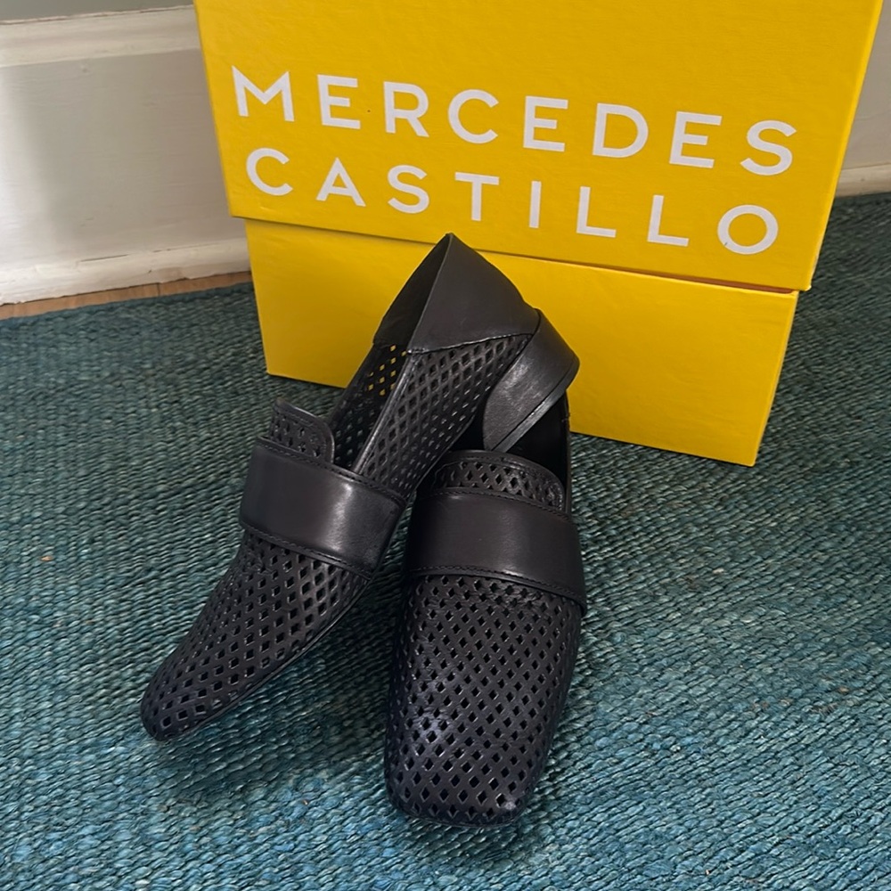 MERCEDES CASTILLO Black Perforated Leather Loafers with Strap